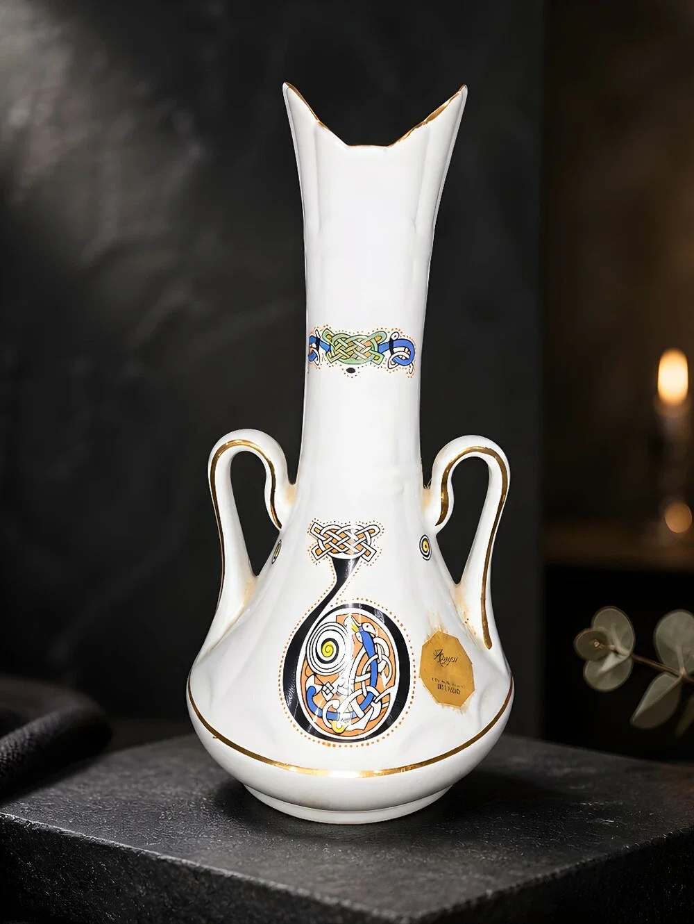 vintage Royal Tara fine bone china vase, part of the Book of Kells Series 7.5
